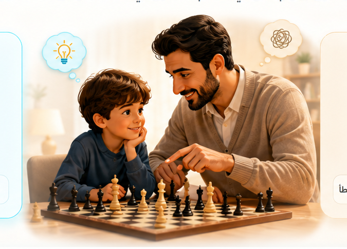 أب يوجّه ابنه بهدوء أثناء اللعب على رقعة الشطرنج